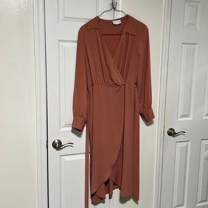 ASOS DESIGN collared wrap midi dress with tie belt in terracotta, SIZE 14